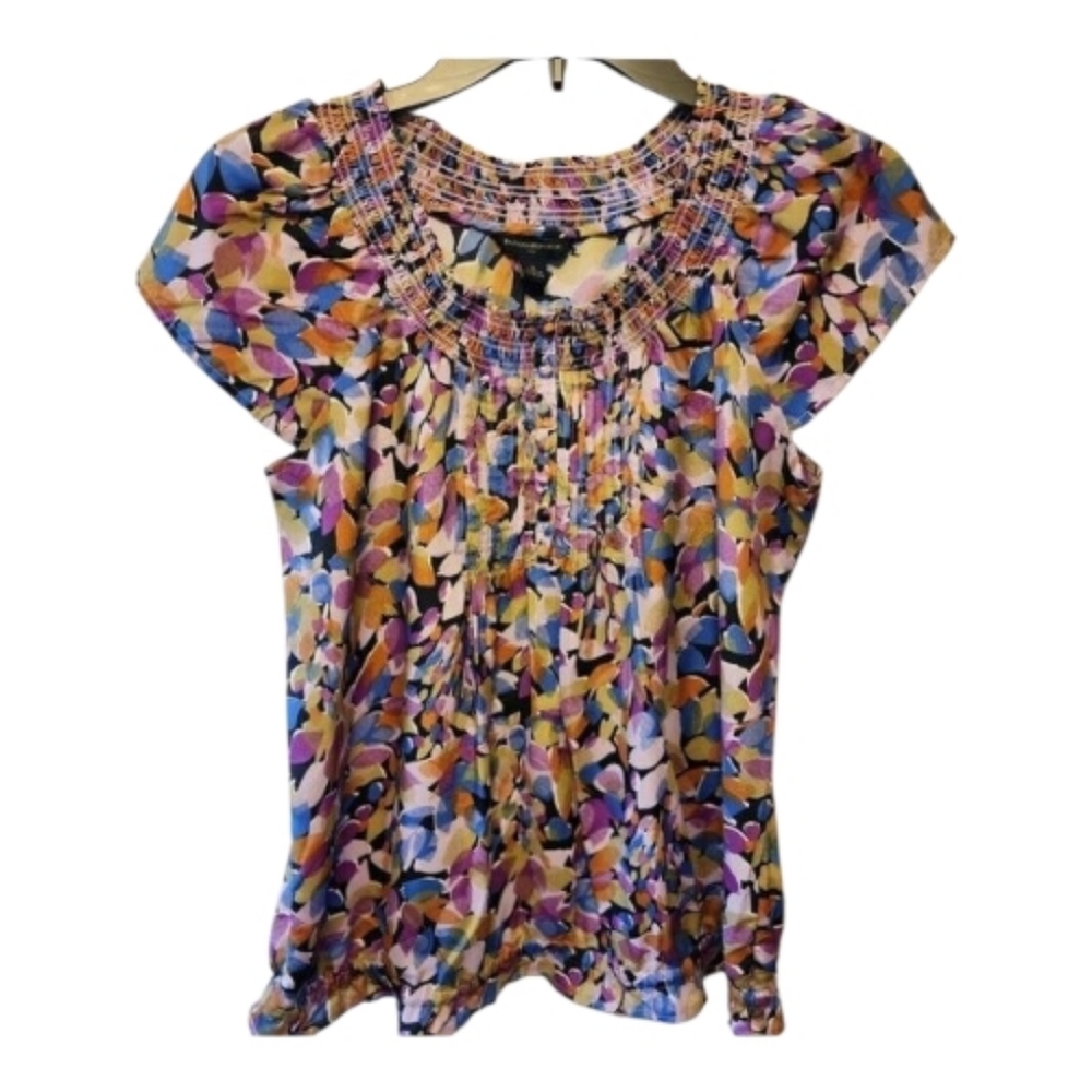 BANANA REPUBLIC ABSTRACT COLORFUL PRINT SMOCKED TOP SIZE MEDIUM CAP SLEEVES